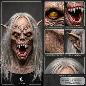 Masque en latex amusant et original, monstre à visage complet avec yeux jaunes lumineux, crocs pointus et longs cheveux argentés pour Halloween Cosplay - Tendance - Product Image 4