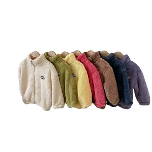 Fuyu, venta al por mayor, chaqueta de franela de manga larga de Color sólido para niños, prendas de vestir para niños pequeños, abrigo de invierno para niñas
