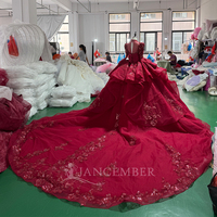Gaun Pesta Merah Jancember MC063 Kerah Tinggi Lengan Panjang Berbahan Renda Berhias Manik-Manik dengan Korset Mawar dan Rok Luar 3D Berbentuk Mawar untuk Quinceanera