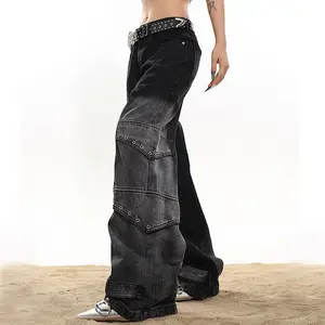 סגנון חבר נשים צד קוף אקונומיקה לשטוף ג'ינס ג'ינס 10-15 OZ מכנסיים רחבים מוערמים רגליים רחבות ג'ינס רחב עם עיניות