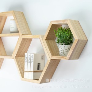Solid Wood Hexagonal Wall <b>Shelf</b> Floating Storage Honeycomb Rack Living Room Decoration Bookshelf Plant <b>Display</b> <b>Unit</b> - Product Image 2