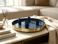 Plateau rond en métal pour bougies avec 4 coupelles à bougies, plateau bleu foncé et bord doré, candélabre décoratif pour table