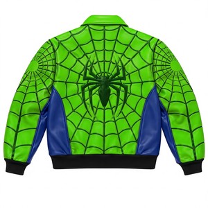 Blouson bomber en PU vert à motif toile d'araignée pour homme, fermeture éclair, col rabattable, style décontracté automne - Product Image 2