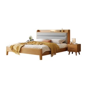 <span class=keywords><strong>Cama</strong></span> Nórdica Minimalista de Madera Maciza con Luz de Lectura LED, Respaldo Acolchado Suave y Cómodo, Muebles de Dormitorio de Lujo de Madera, Tamaño Queen - Product Image 2