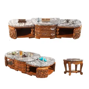 African imported ebony wood carved natural marble coffee table TV cabinet European-style villa luxury coffee table