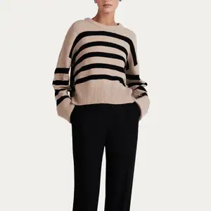 Hot Sale Women's Off-Shoulder Crew-Neck Stripe Jumper Cashmere & Wool Blended Knitwear Top