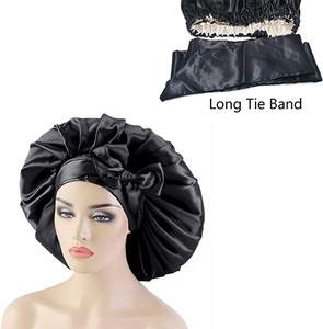 Lingsheng vente en gros Double couche Bonnets doublés en Satin avec longue bande Logo personnalisé pour les femmes Bonnet sommeil bonnet de nuit couvre-chef Cape - Product Image 3