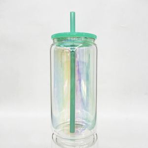 Entrepôt USA – Nouvelle Canette en Verre Borosilicate Iridescent Plaqué Arc-en-ciel de 16 oz avec Couvercles Colorés pour Wraps UV DTF et Sublimation Vierge - Product Image 2