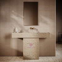 Vasque sur piétement en travertin italien haut de gamme |   Évier de salle de bain en pierre de luxe |   Design de piédestal minimaliste moderne