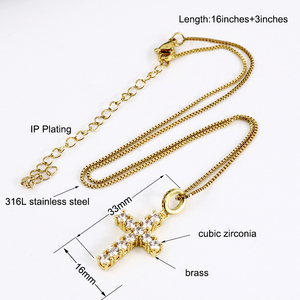 NS1082 Bijoux de haute qualité en diamant pour la religion chrétienne Chaîne en acier inoxydable plaqué or CZ Micro Pave Cross Pendant Necklace - Product Image 4