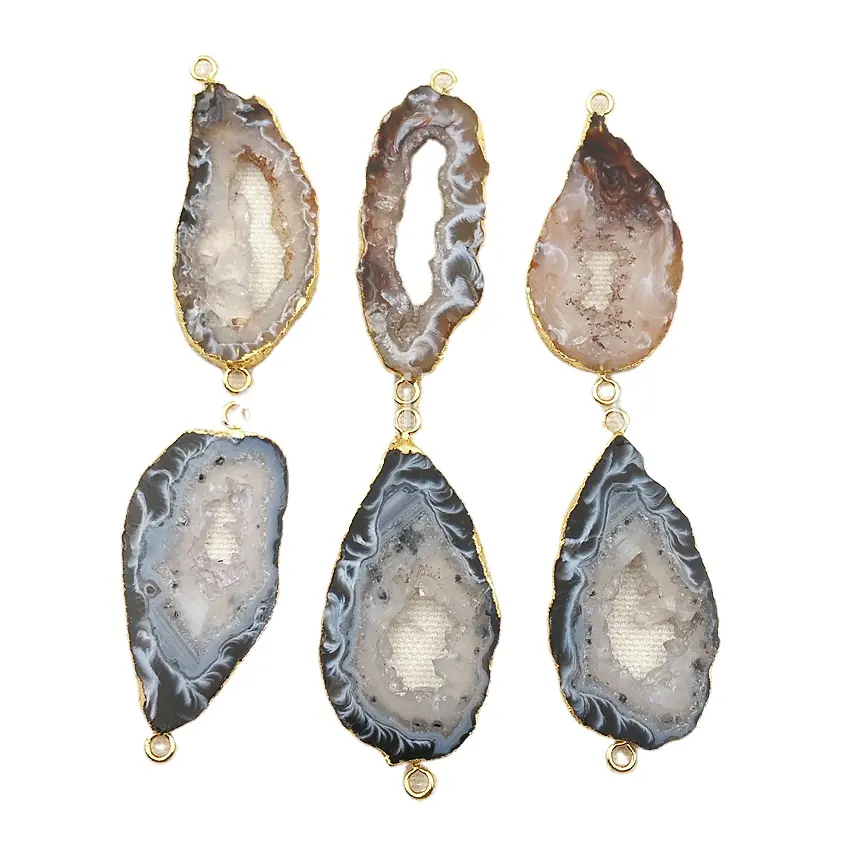 WT-C174 Unique Naturel Druzy Geode D'agate Connecteur De Haute Qualité 24k Plaqué Or Véritable Bord Aléatoirement Connecteur D'agate Pour Collier