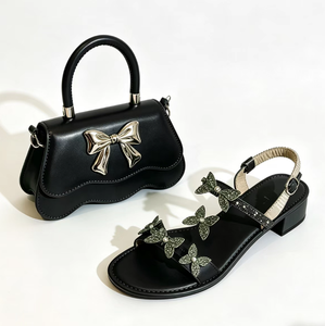 MD-186 Summer Hot Sale Sweet Ladies butterfly Rhinestone <strong>Sandals</strong> with <strong>Bow</strong> Ties Bags 2 Pieces Set Women's Flat <strong>Sandals</strong> Purse Set - Product Image 4