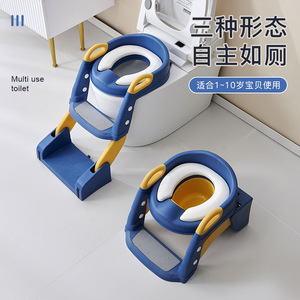 Asiento de inodoro WOW para niños con taburete plegable, asiento de entrenamiento para ir al baño para niños de 1 a 10 años, diseño multiusos, azul y amarillo - Product Image 1