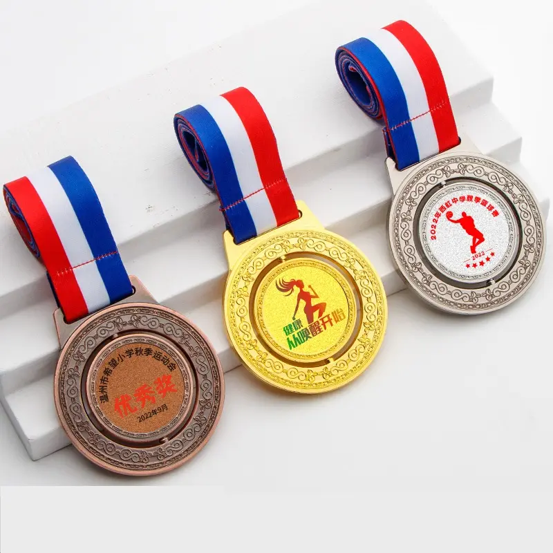 Penghargaan medali kosong berputar bebas cetak desain unik dengan pita leher hadiah hadiah penghargaan Souvenir Olahraga Sekolah