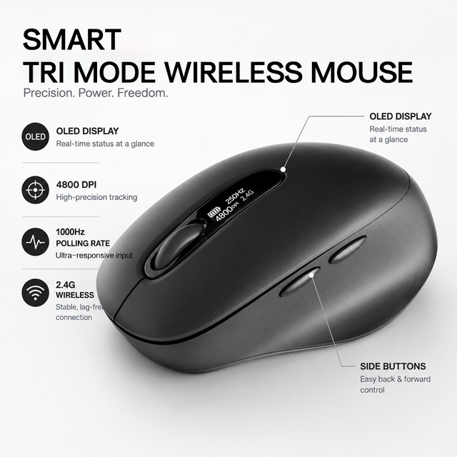 Ergonomic Design Wireless Mouse Rechargeable 2.4Ghz + Dual BT Long Battery Life Mouse