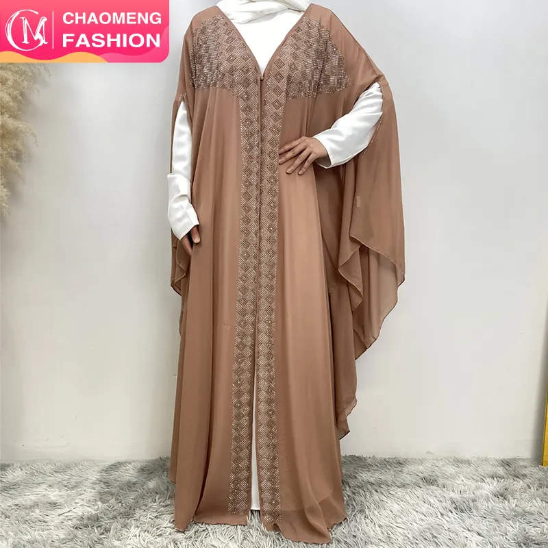 6739 # Eid Luxe Design Hoge Kwaliteit Chiffon Batwing Diamant Kaftan Afrikaanse Vrouwen Open Abaya Met Strass 5 Kleuren