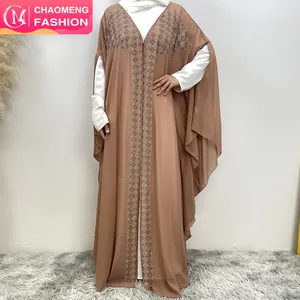 6739 # Eid 럭셔리 디자인 하이 퀄리티 쉬폰 배트윙 다이아몬드 카프탄 아프리카 여성 오픈 abayas 모조 다이아몬드 5 색