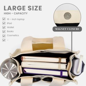 Sac fourre-tout en toile beige avec poches latérales pour bouteille d'eau et bouton-pression pour le bureau, les pique-niques et le transport de repas bento - Product Image 6