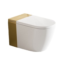 WC intelligent monobloc en céramique moderne avec bidet intégré, chasse d'eau automatique par capteur, siège chauffant inclus, fixation au sol, couleur or, télécommande