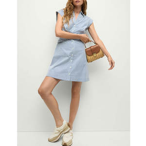 Vestido de algodón natural de alta calidad para mujer, cuello en V, cintura a rayas, personalizable, OEM, ODM, ropa elegante para mujer, decoración con botones - Product Image 2