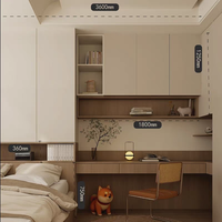 Meuble de bureau minimaliste en bois beige, unité murale de chambre à coucher, étagères ouvertes, éclairage LED, taille personnalisée, bureau Japandi, bureau minimaliste