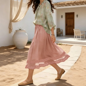 กระโปรงทรงเอไลน์สีชมพูใหม่ ความยาวระดับเข่า แต่งขอบลูกไม้ เอวสูง ผ้าชีฟองธรรมชาติ สำหรับผู้หญิง - Product Image 4