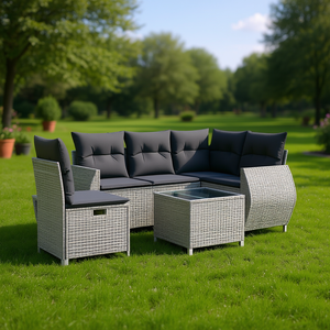 Ensemble de canapés de jardin en rotin gris 6 places, mobilier d'extérieur au design contemporain, structure en acier avec rangement - Product Image 2