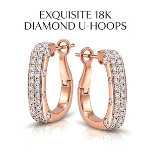 Luxury 18K Rose <b>Gold</b> Natural Diamond Brilliant Cut Triple Pave Rows U Shaped Hoop Earrings <b>Huggie</b> Hinge Clasp Certified for - Product Image 1