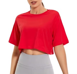 Women's <b>Red</b> <b>Crop</b> <b>Top</b> Short Sleeve O-Neck Loose Fit Solid Color Quick Dry Jersey T-Shirt Spring Summer Casual Wear - Product Image 1