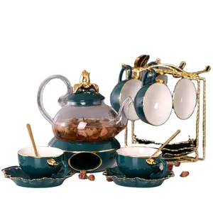 全饮具下午茶时间玻璃茶壶优雅咖啡茶杯套装皇家现代陶瓷茶具，带金属支架