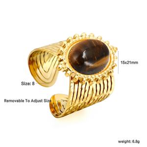 Anillo Ajustable Chapado en Oro de 18K, Acero Inoxidable con Incrustaciones de Ópalo y Turquesa, Anillo Abierto con Grabado de Girasol para Mujer - Product Image 3