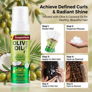 Ensemble de soins capillaires à l'huile d'olive et de noix de coco biologiques, mousse pour cheveux bouclés/frisés - tenue forte, contrôle des frisottis, ajoute de la brillance, hypoallergénique - Product Image 6