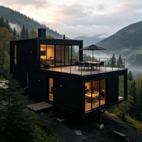 Maison modulaire noire à 2 étages en conteneurs, préfabriquée, alimentée à l'énergie solaire, avec chambre et salon, grande terrasse sur le toit pour les vacances en montagne/à la falaise