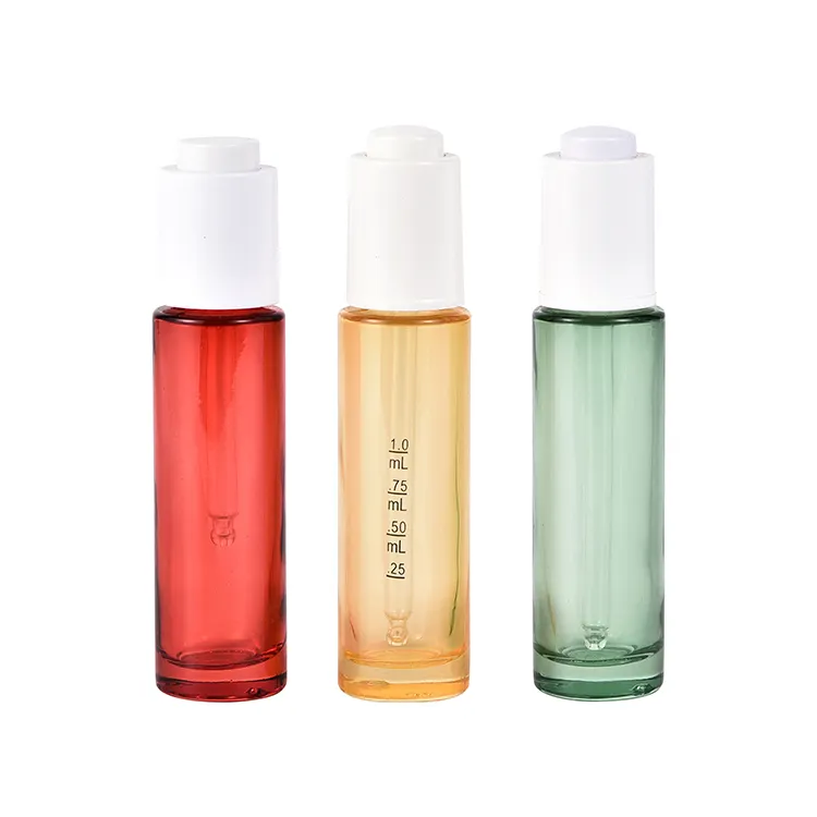 Botella de vidrio translúcida con cuentagotas, prensa superior de vidrio, suero cosmético, aceite esencial, rojo, verde, amarillo, 30ml, 50ml, gran oferta