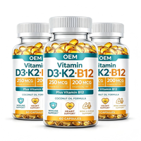 Capsules de Vitamine D3 K2 B12 en Gélules Molles à Marque Blanche 250mcg 200mcg MK7 pour l'Énergie, 60 Capsules pour Femmes, Complément Alimentaire