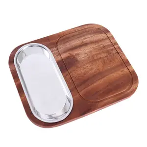 JOYWAVE Environmentally Friendly Wooden Cut Cutting Serving Board Wood With Ss Plate For Kitchen And Home