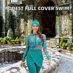 New Design 3Pcs Full Cover Colorblock Printed Zipper Muslim <b>Swimwear</b> Islamic Women Modest <b>Burkini</b> UPF50+ Spandex/Polyester - Product Image 2