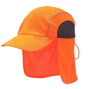 Wejump topi reflektif Hi Vis poliester 100% dengan penutup leher topi Flap naungan leher topi sinar matahari oranye