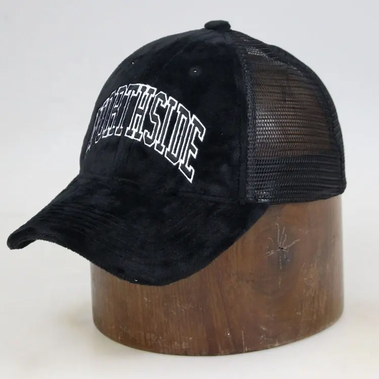 Benutzer definierte Stickerei schwarzer Samt pazifische Kopf bedeckung Raupe 6 Panel Trucker Hut