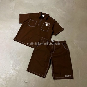 Ensemble chemise et short de travail personnalisés pour hommes, vêtements décontractés d'été, ensemble deux pièces en toile avec surpiqûres contrastées - Product Image 1