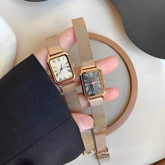 Women Rose Gold Rectangular Quartz Watch for Female Students-Light Luxury Fashion Artistic College Style Retro