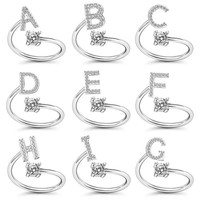 Bague lettre en argent sterling Style ouvert Bagues initiales A à Z Lettre S925 Zircone 26 Lettres Bague initiale