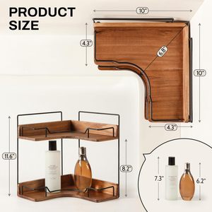 Estante de esquina para baño, estante de almacenamiento de madera de doble capa para artículos de tocador con barandilla, organizador de encimera - Product Image 3