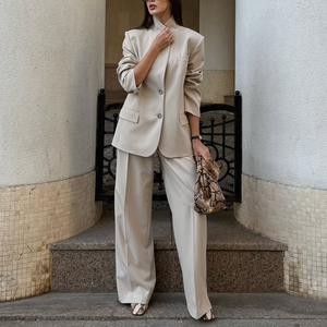 Completo Blazer da <span class=keywords><strong>donna</strong></span> <span class=keywords><strong>oversize</strong></span> per abbigliamento in due pezzi da ufficio in tinta unita Beige, tinta unita Casual, in raso minimalista - Product Image 1