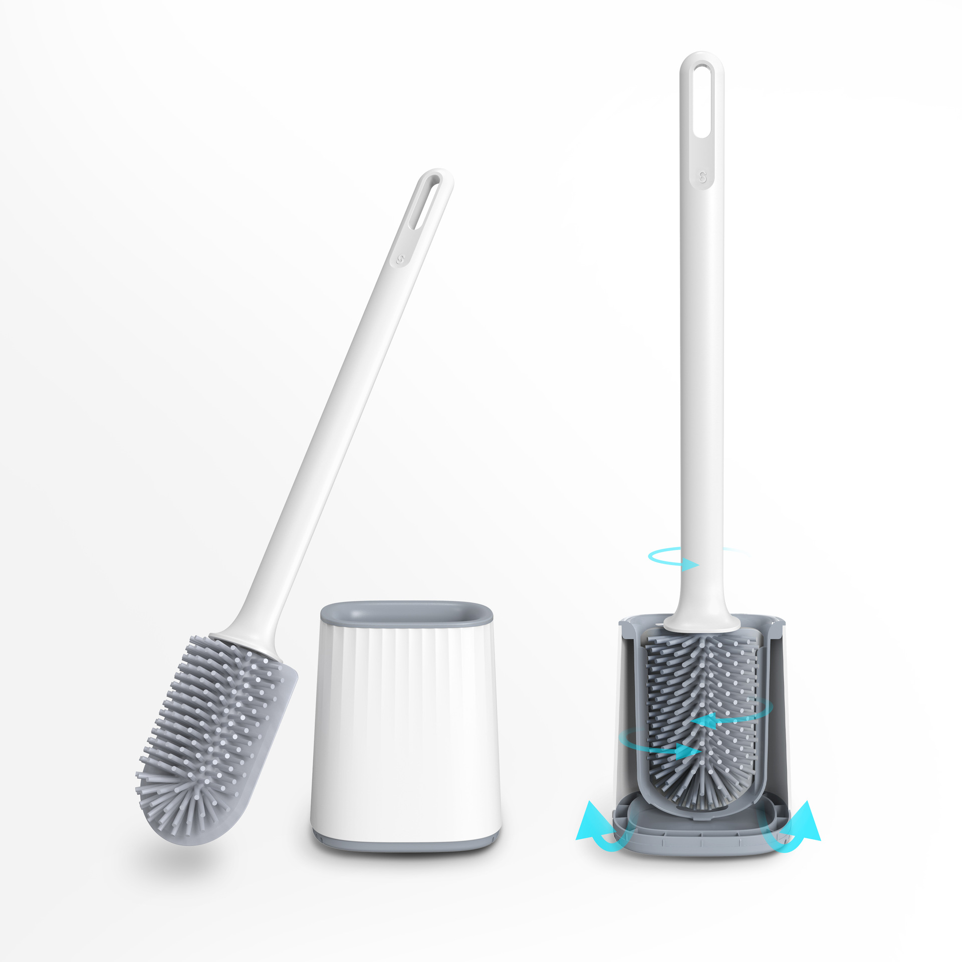 High Quality 2 Duol Pack Modern White Bathroom Bristle Silicone Toilet Brush Holder Set