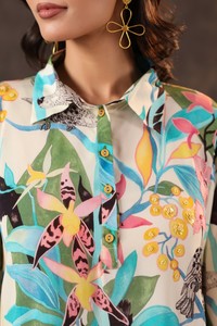 Achetez une tunique pour femme moderne à imprimé floral inspiré de la nature, manches longues bouffantes, coupe ample, vêtements décontractés de créateur - Product Image 4