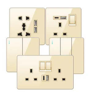 Interruptor de energia de carregamento de parede UK 13A com 2 tomadas de parede USB, painel de tomadas de vidro dourado de alta qualidade com tomadas duplas de três furos
