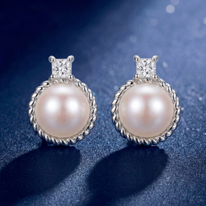 Copper Twisted Rope Round <b>Frame</b> Princess CZ <b>White</b> Pearl Stud Earrings for Women <b>Square</b> Zircon Pearl Jewelry Vintage Gift - Product Image 5