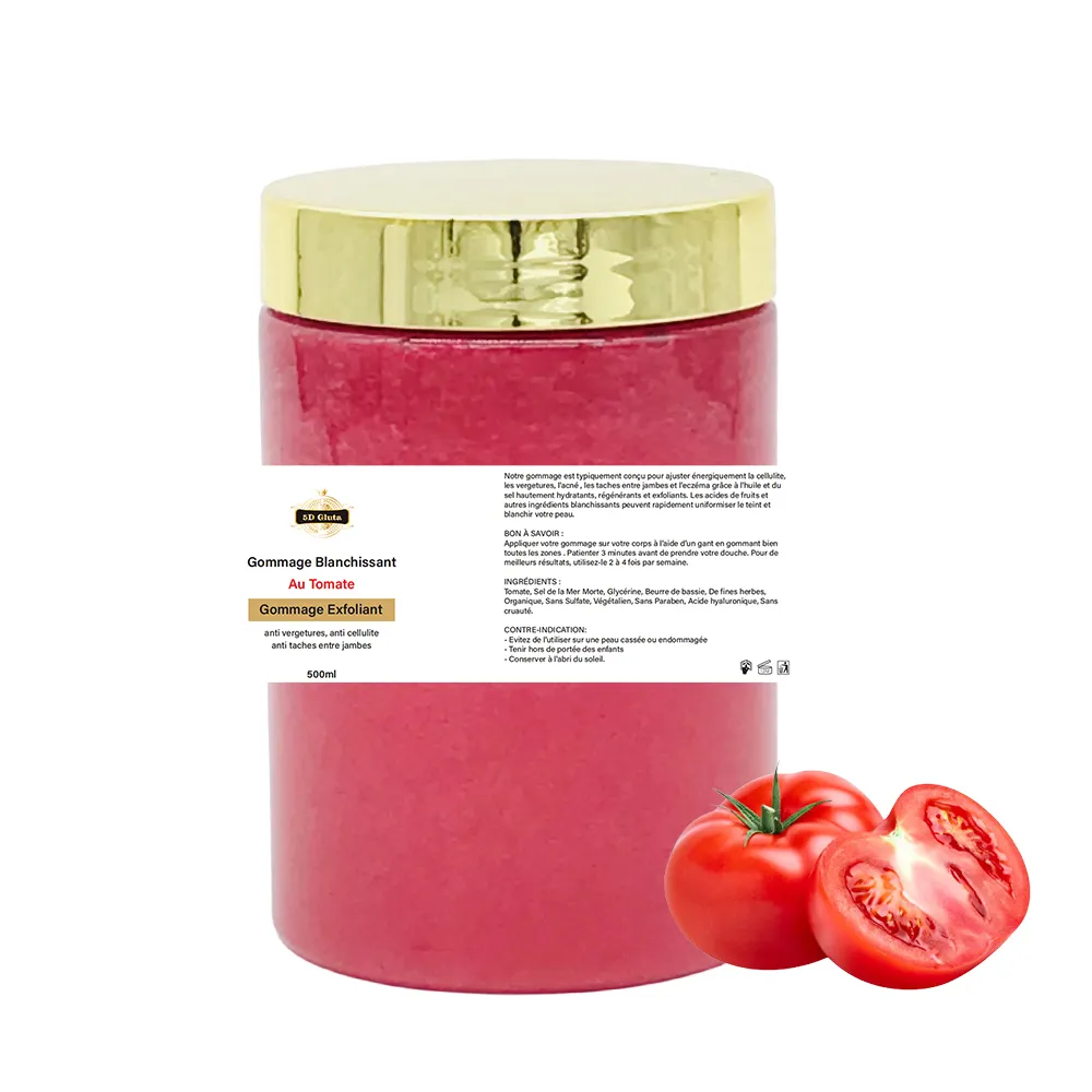 OEM tomate exfoliante Cuerpo Polaco gommage exfoliante blanqueamiento suave y aclara la piel limpia profundamente cepillo exfoliante corporal eliminar la piel muerta