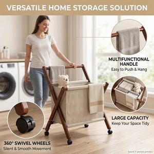 Panier à <span class=keywords><strong>linge</strong></span> pliable en bambou avec cadre en X, chariot à <span class=keywords><strong>linge</strong></span> roulant pliable avec roues, panier à vêtements avec doublure en coton pour salle de bain - Product Image 3